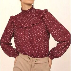 LOFT Floral Smocked Blouse Women Large Burgundy Excellent Ruffle High Neck Top